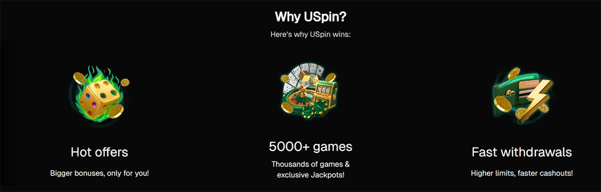 Casino features section titled “Why USpin?” highlighting key benefits such as hot offers, 5000+ games, and fast withdrawals, with illustrative icons and short descriptive text for each feature