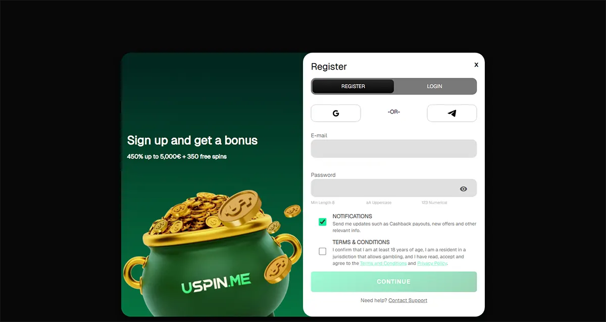 Casino registration pop-up with email and password fields, social sign-up options, notification and terms checkboxes, and a “Continue” button, displayed alongside a promotional banner offering 450% up to €5,000 + 350 free spins with a coin-filled pot graphic
